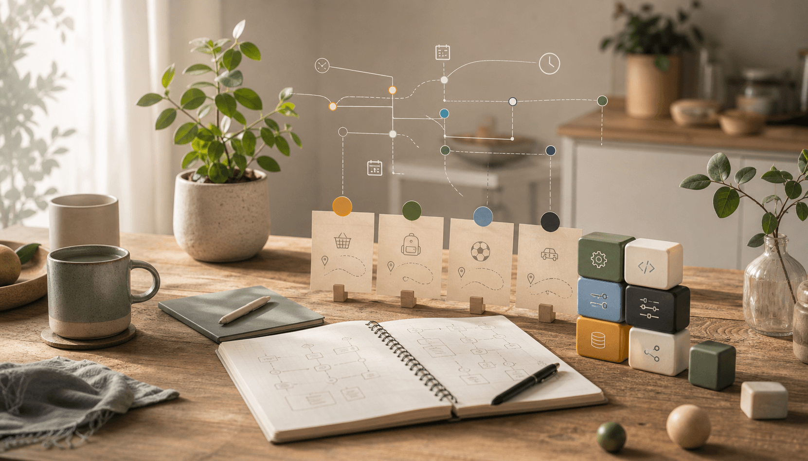 Planungstisch mit Notizen, Bausteinen und Prozesslinien als Sinnbild für Organisation und Softwaredenken